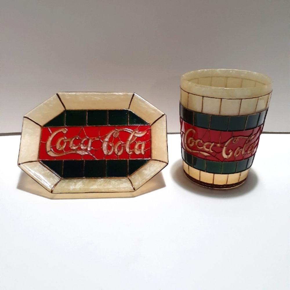 Coca-Cola Stained Glass Soap Dish and Cup Set